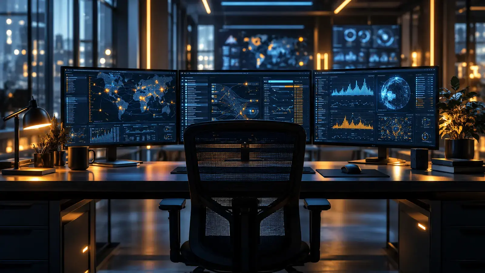 AI-generated editorial photograph of a security monitoring workstation with steel-blue displays and warm amber lighting.