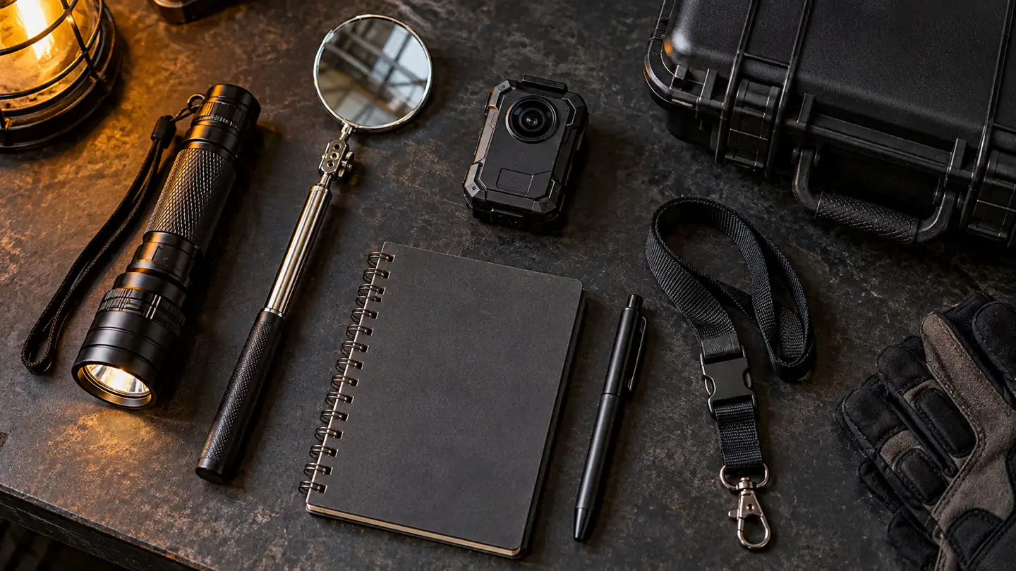 AI-generated illustrative physical-assessment kit with flashlight, inspection mirror, camera, notebook, and protective case; not the actual 2022 kit.