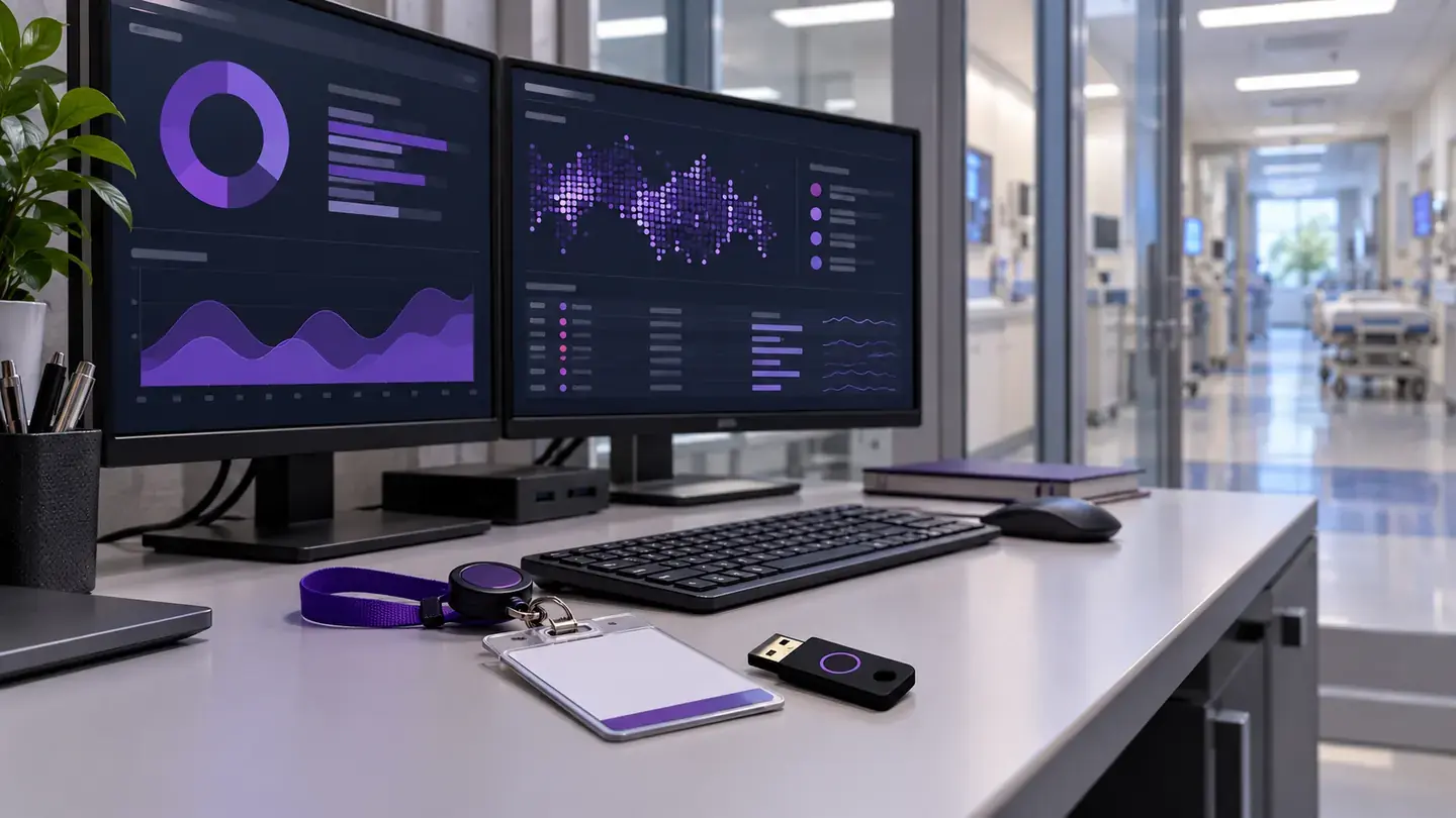 AI-generated editorial image: Hospital IT security workstation with abstract purple dashboards and a clinical corridor beyond.
