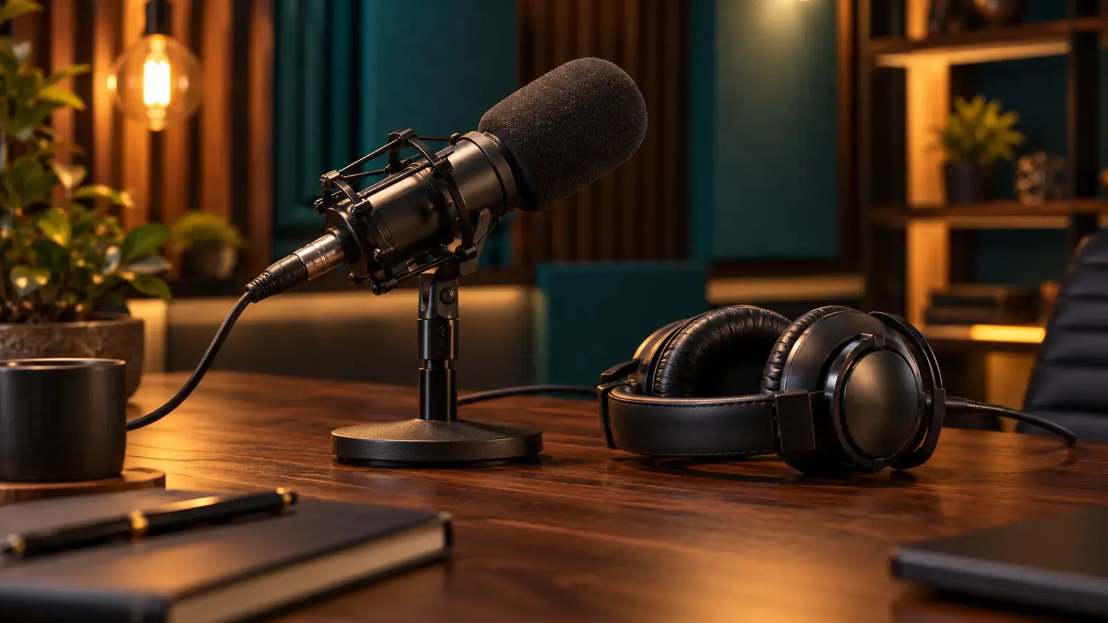 AI-generated editorial photograph of a studio interview microphone and headphones in warm tungsten and teal lighting.