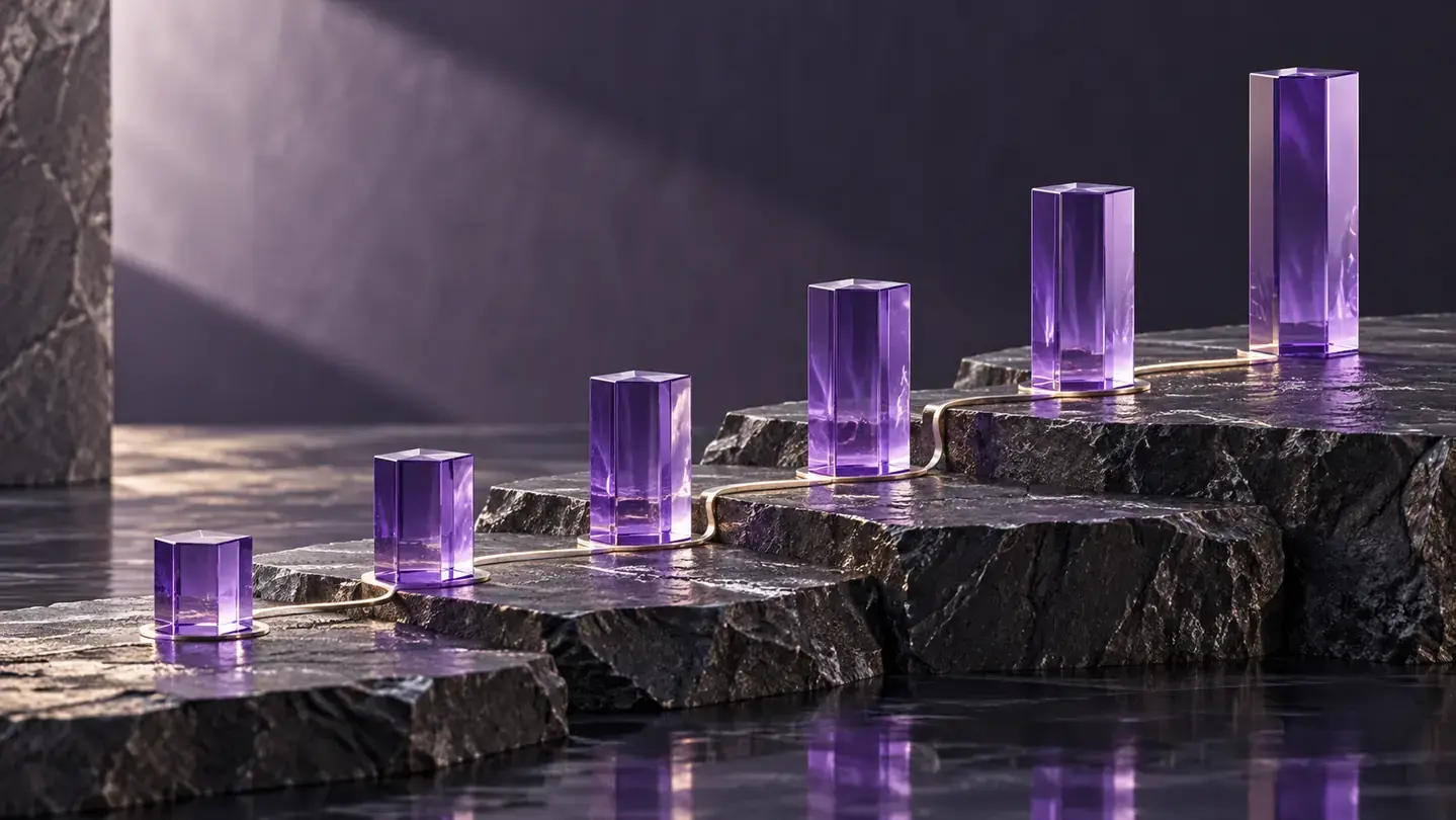 AI-generated editorial image: Six purple glass pillars connected along a stepped path, representing prioritized cybersecurity improvements.