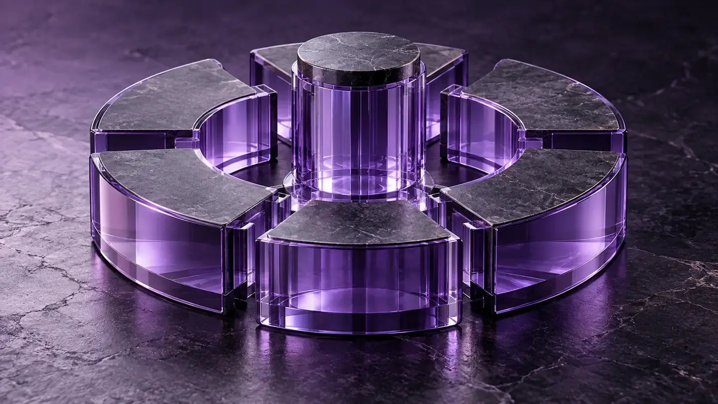 AI-generated conceptual image of six purple glass modules connected around a central governance pillar.