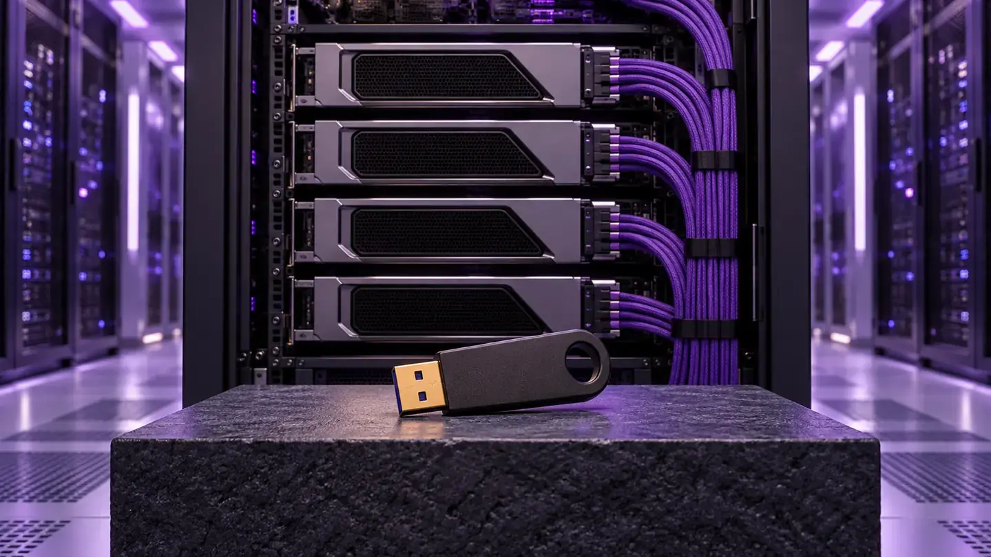 AI-generated editorial image: Cloud data-center GPU rack with neat purple cabling and a small unbranded hardware security key.