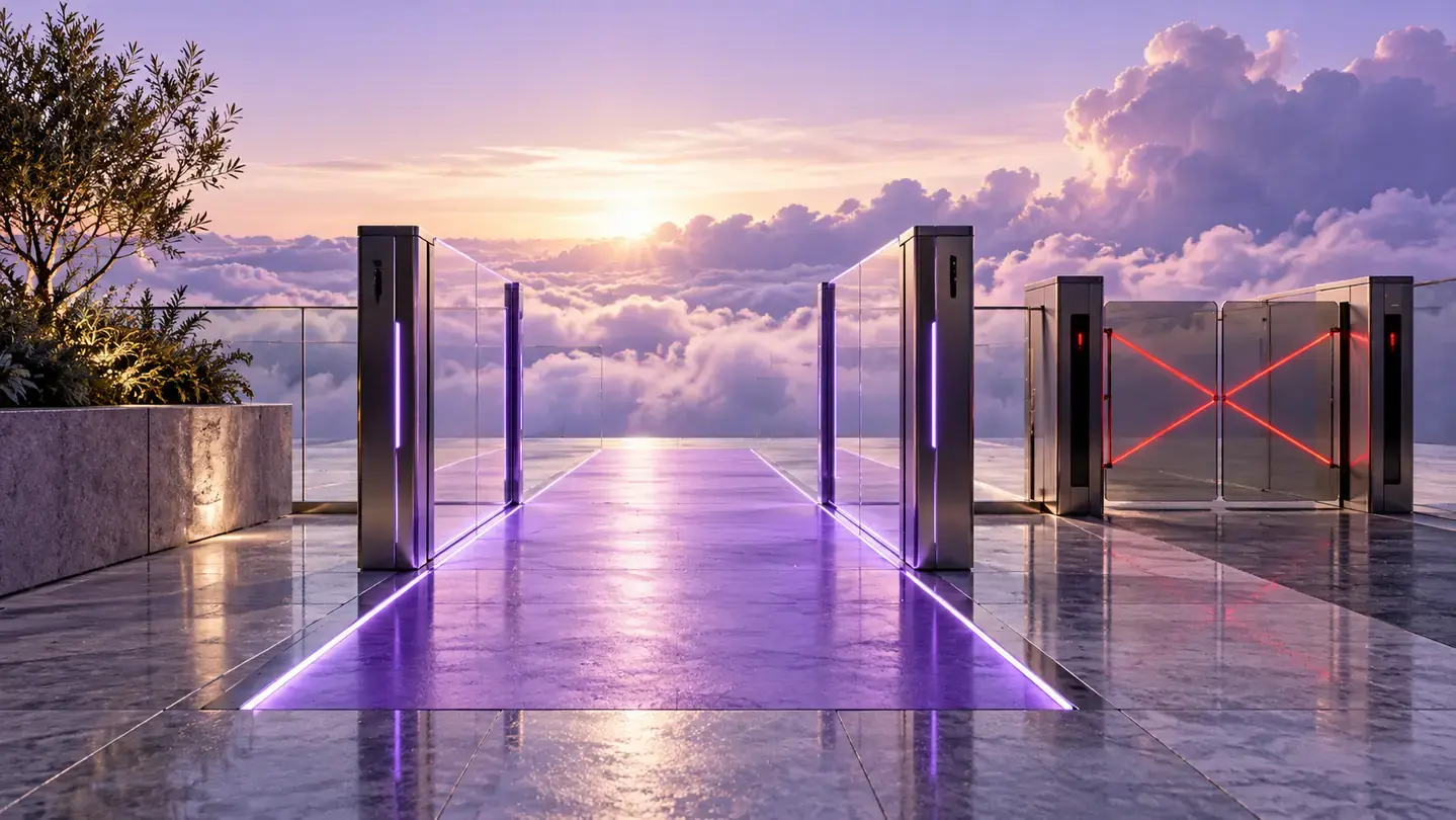 AI-generated editorial image: Architectural glass access gates with one verified purple pathway and blocked alternate path, abstract cloud identity metaphor.