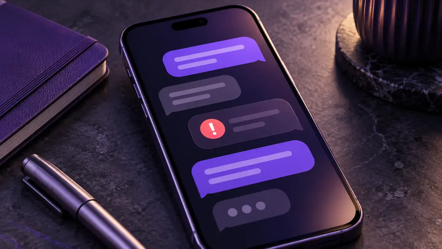 AI-generated editorial image: Close-up unbranded phone displaying abstract message bubbles and warning indicator, no readable words.