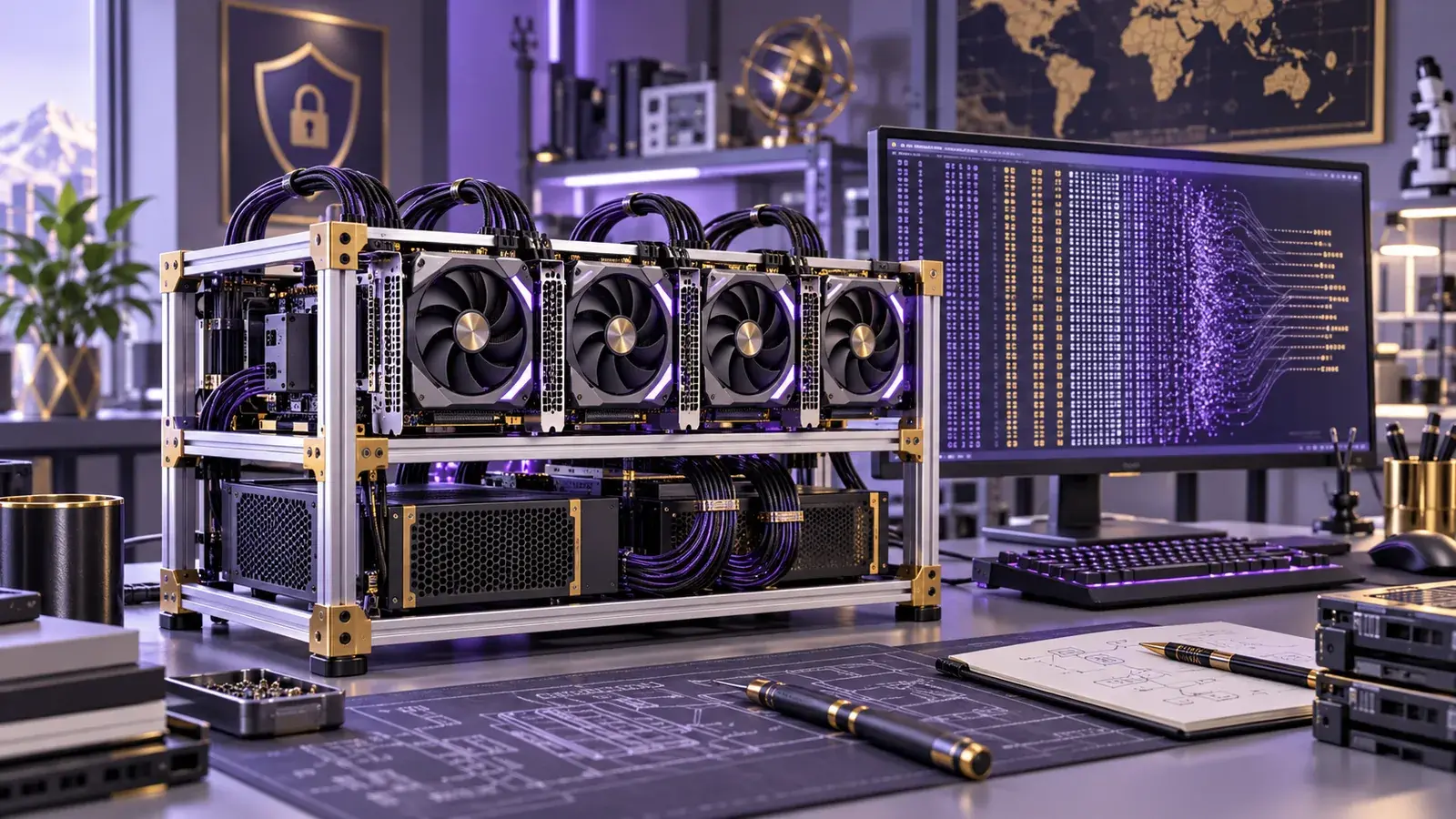 An open-frame multi-GPU workstation in a cybersecurity research lab.