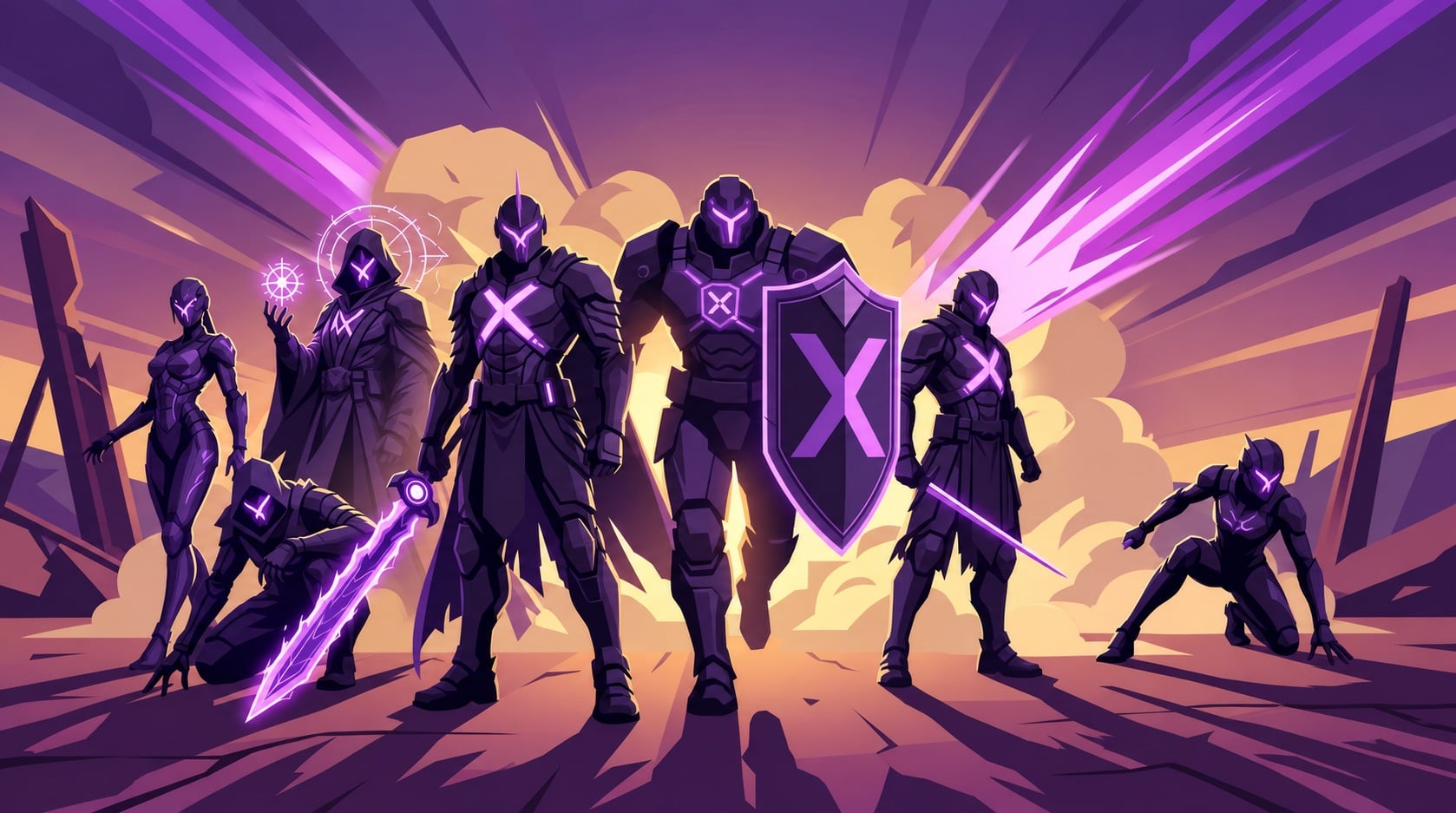 The seven Knights of X in purple armor with SEVN-X visor and insignia details