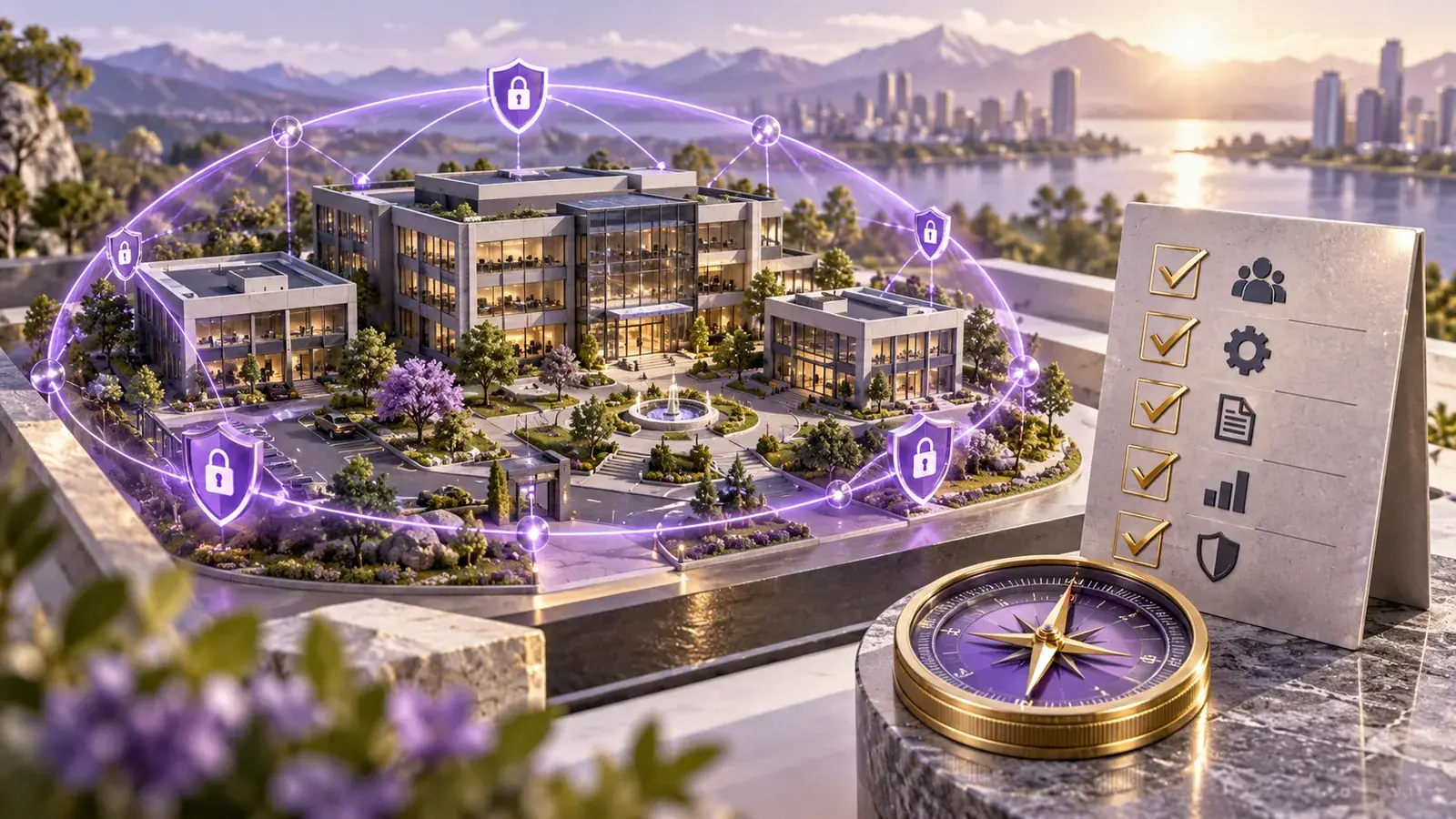 Illustration of a small office campus connected to security governance controls and a compass.