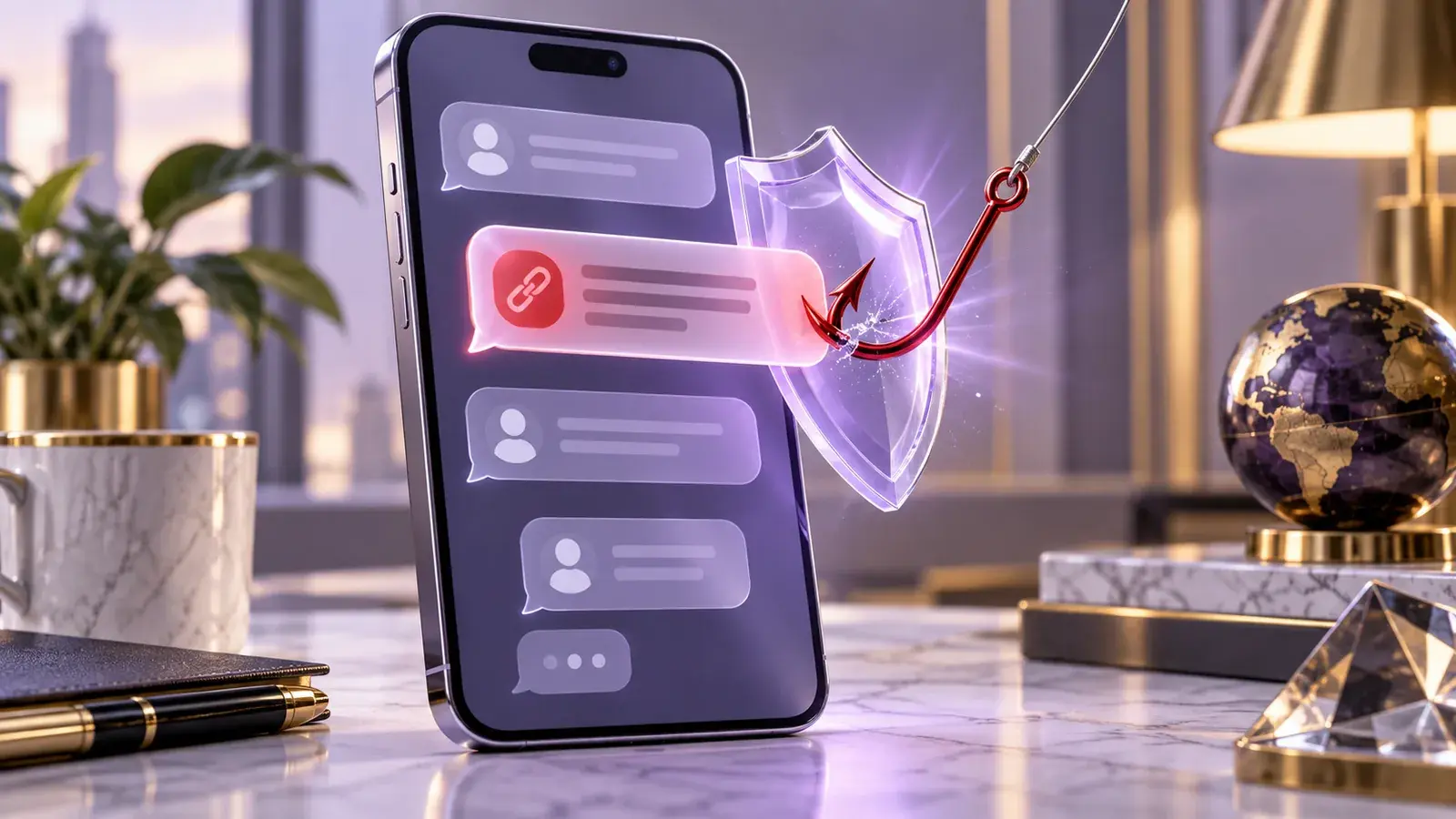A smartphone with a deceptive text message and a protective purple shield.